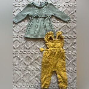 Baby Girl 6-9M Outfit Bundle - Yellow Romper & Green Sweater Dress Lot